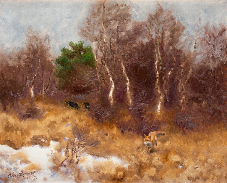 Bruno Liljefors, Forest landscape with fox and hounds.