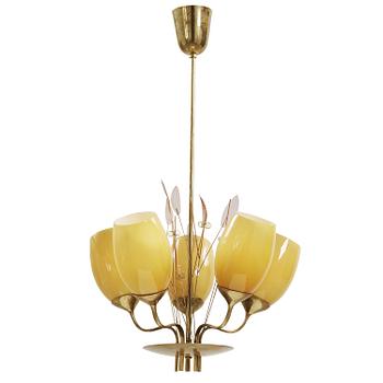 A Paavo Tynell model 9029 brass and glass ceiling lamp by Taito OY, Finland, ca 1950.