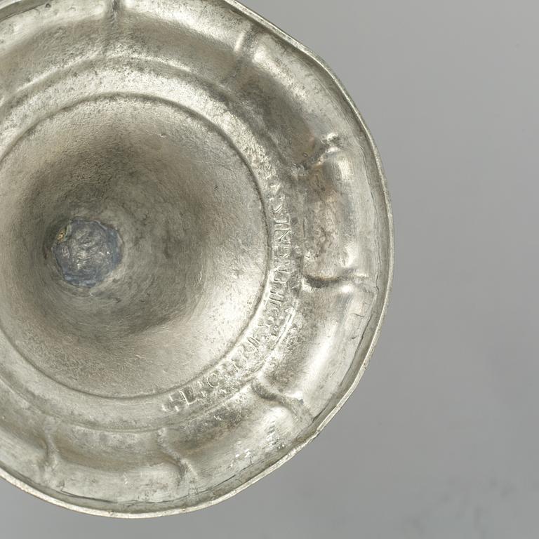 A pair of pewter candlesticks, Lars Claesson Fries, Strängnäs (1760-90).