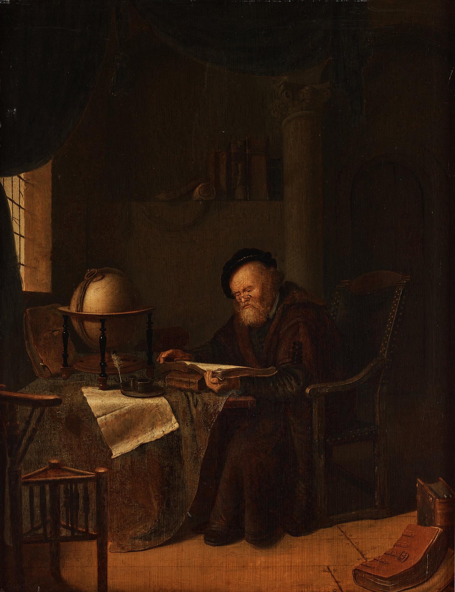 Gerrit Dou Circle of, Reading man with a globe.