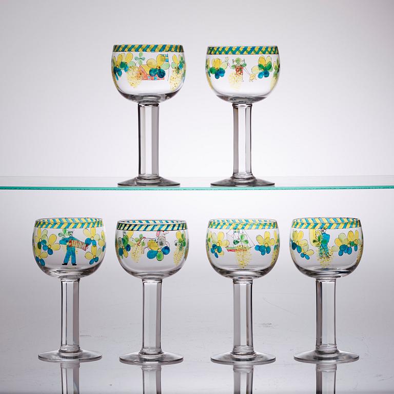 A set of six Gunnar Cyrén enameled glass goblets, Orrefors 1968.