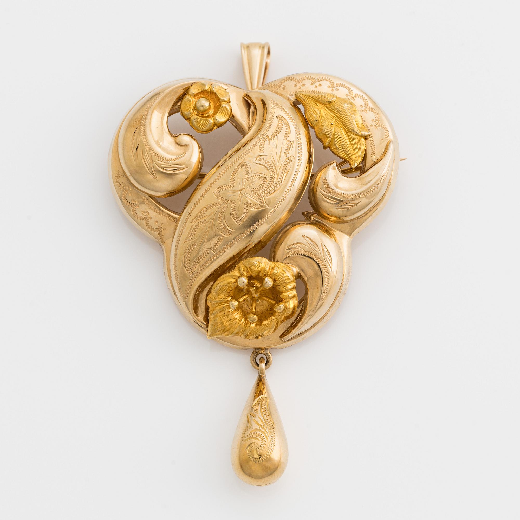 Brosch/hänge, 18K guld med droppformad kläpp.