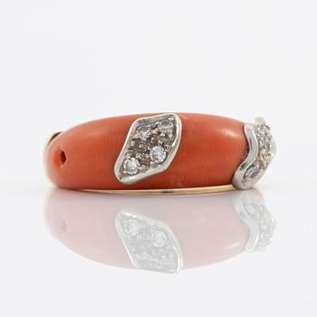 Ring, 18K gold with coral and octagon-cut diamonds.