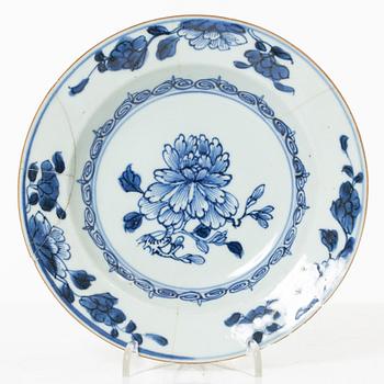 A group of three Chinese blue and white porcelain serving dishes and five dessert plates, Qing dynasty, Qianlong(1736-95.