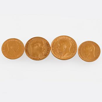 GULDMYNT, 4 st, Frankrike, Storbritannien, Österrike samt Ryssland, ca 22 gram.