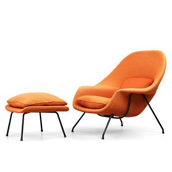 Eero Saarinen, "Womb chair", fåtölj med fotpall, sannolikt licenstillverkad för Nordiska Kompaniet 1960-tal.