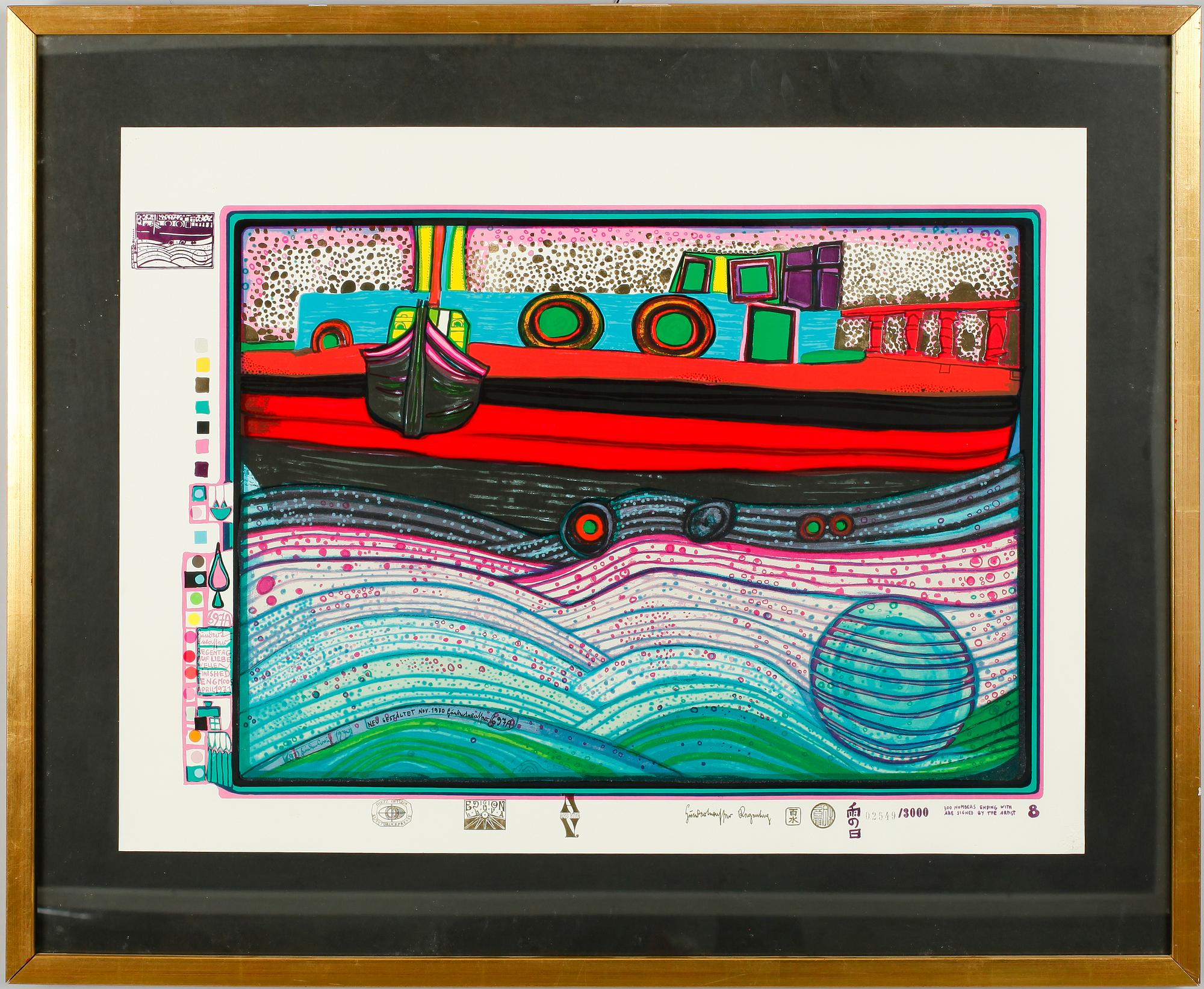 FRIEDENSREICH HUNDERTWASSER, färglitografi med prägling, nummer 2549 av 3000.