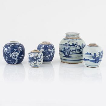 Five blue and white ginger jars, porcelain, China, 19th-20th century.