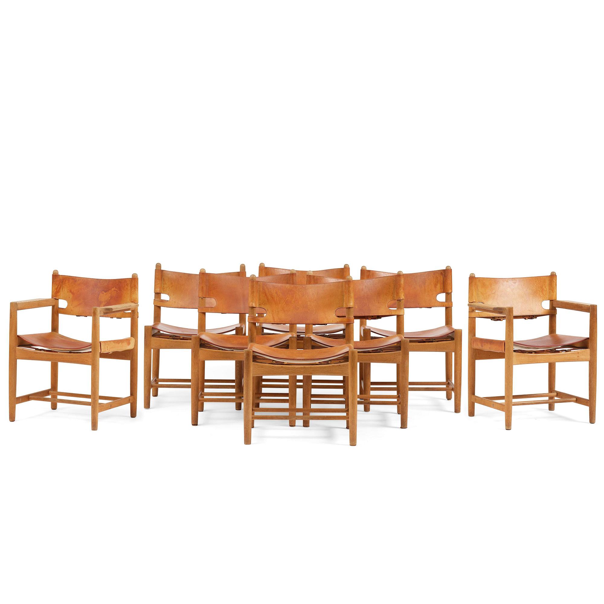 Børge Mogensen, a set of eight "Jagtspisestol"/"Spanish Dining" chairs model 3237 & 3238, Fredericia Stolefabrik, Denmark.