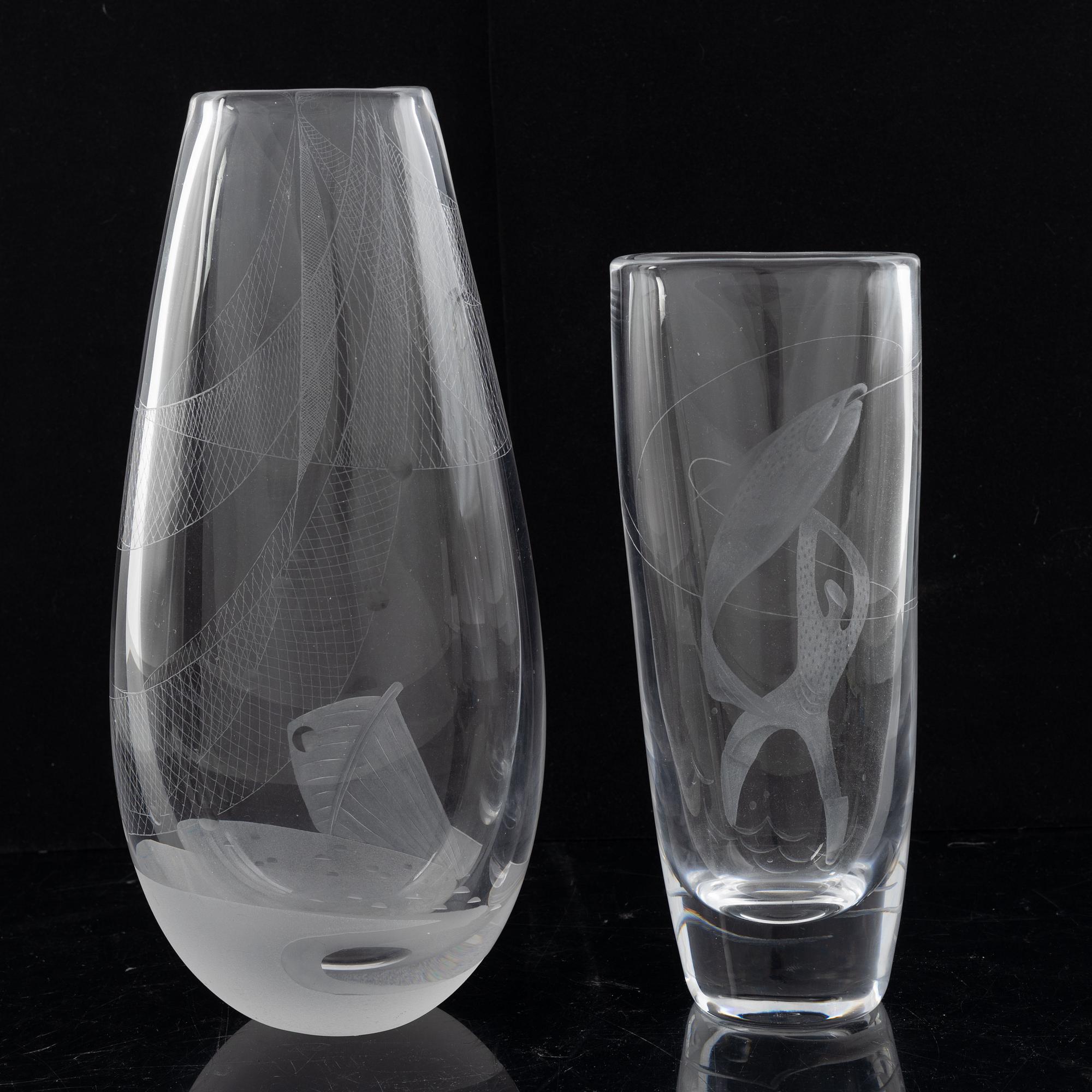 Vicke Lindstrand, two glass vases, Kosta, mid 20th Century.