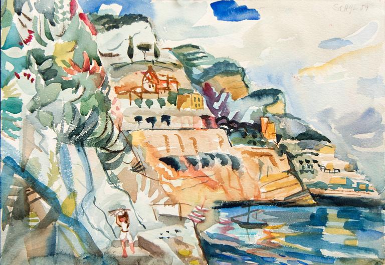 Jules Schyl, akvarell, signerad 1959.