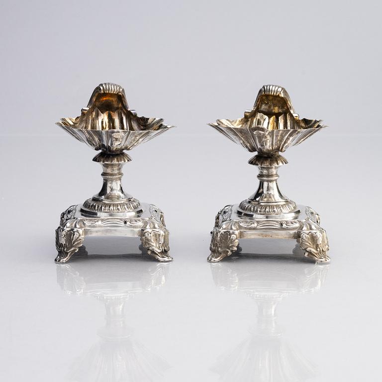 A Swedish pair of salt cellars, parcel-gilt silver, marks of Gustaf Theodor Folcker, Stockholm 1842.