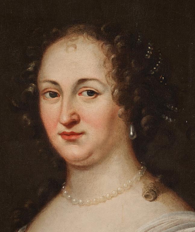 David Schwenck, Portrait of lady wearing gold brocade dress, pearl necklace and pearl earrings.