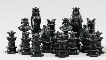 CHESS PIECES in alabaster, 32 parts. Italy, 1970s.