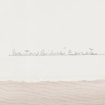 BARTON LIDICE BENES, collage/blandteknik på papper i plexilåda, signerad Barton Lidice Benes & daterad 1987 med blyerts.