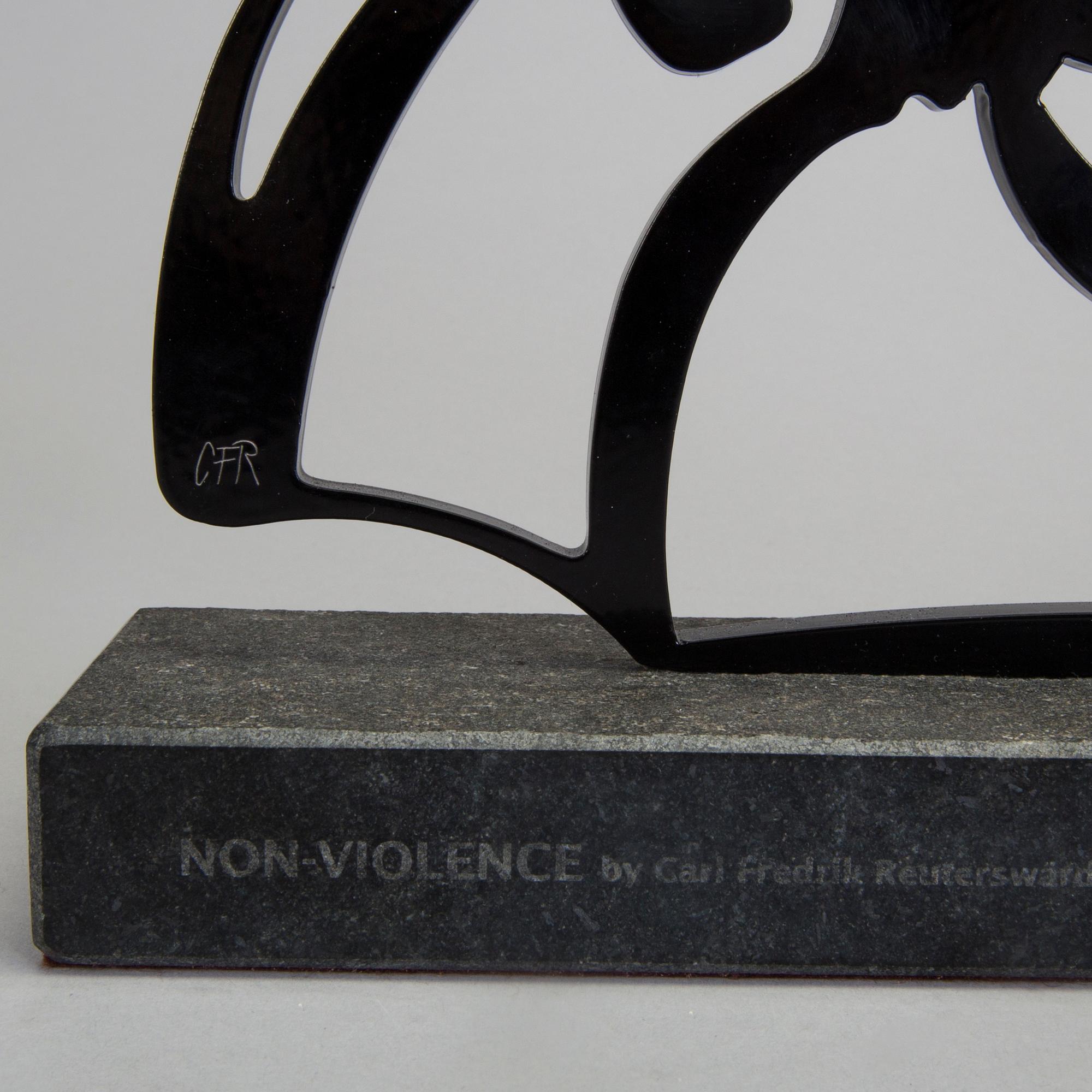 CARL FREDRIK REUTERSWÄRD, culpture, black painted steel on base of stone, signed CFR and numbered 2/50.