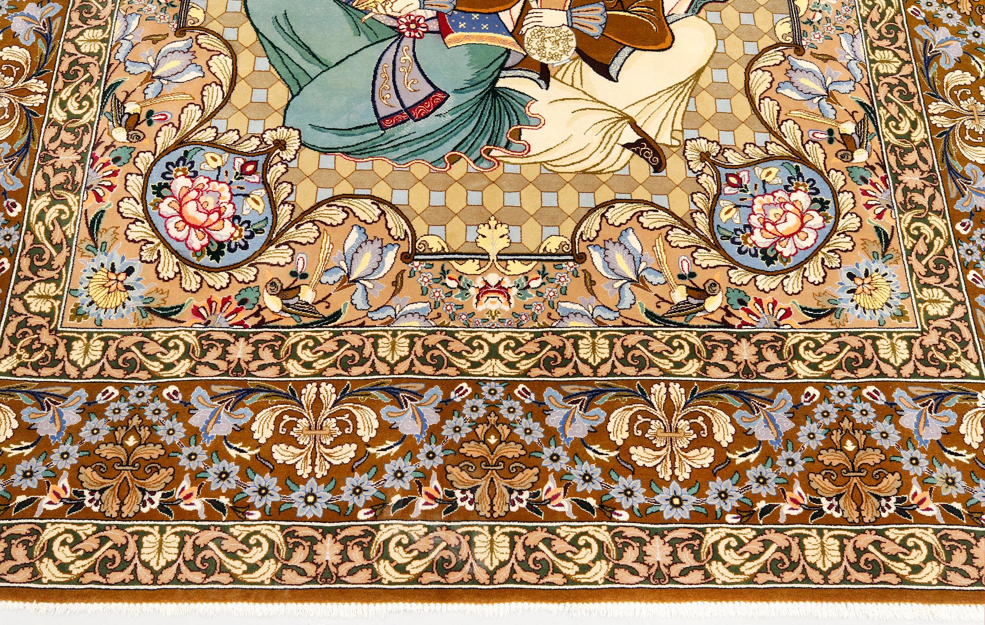 A pictoral part silk, Esfahan rug, signerad, 240 x 158 cm.