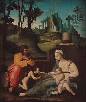 865A. Nicola Filotesio (Cola dell'Amatrice), hans krets, Landskap med heliga familjen och Johannes Döparen.