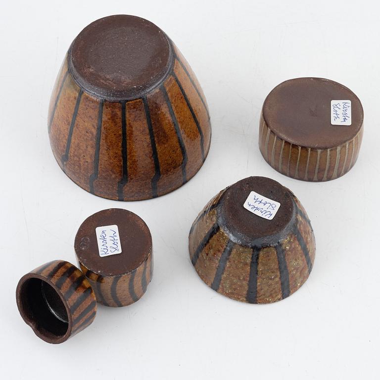 Kirsten Sloth, a box with cover, a bowl and two vases, own workshop, Denmark, later part of the 20th Century.