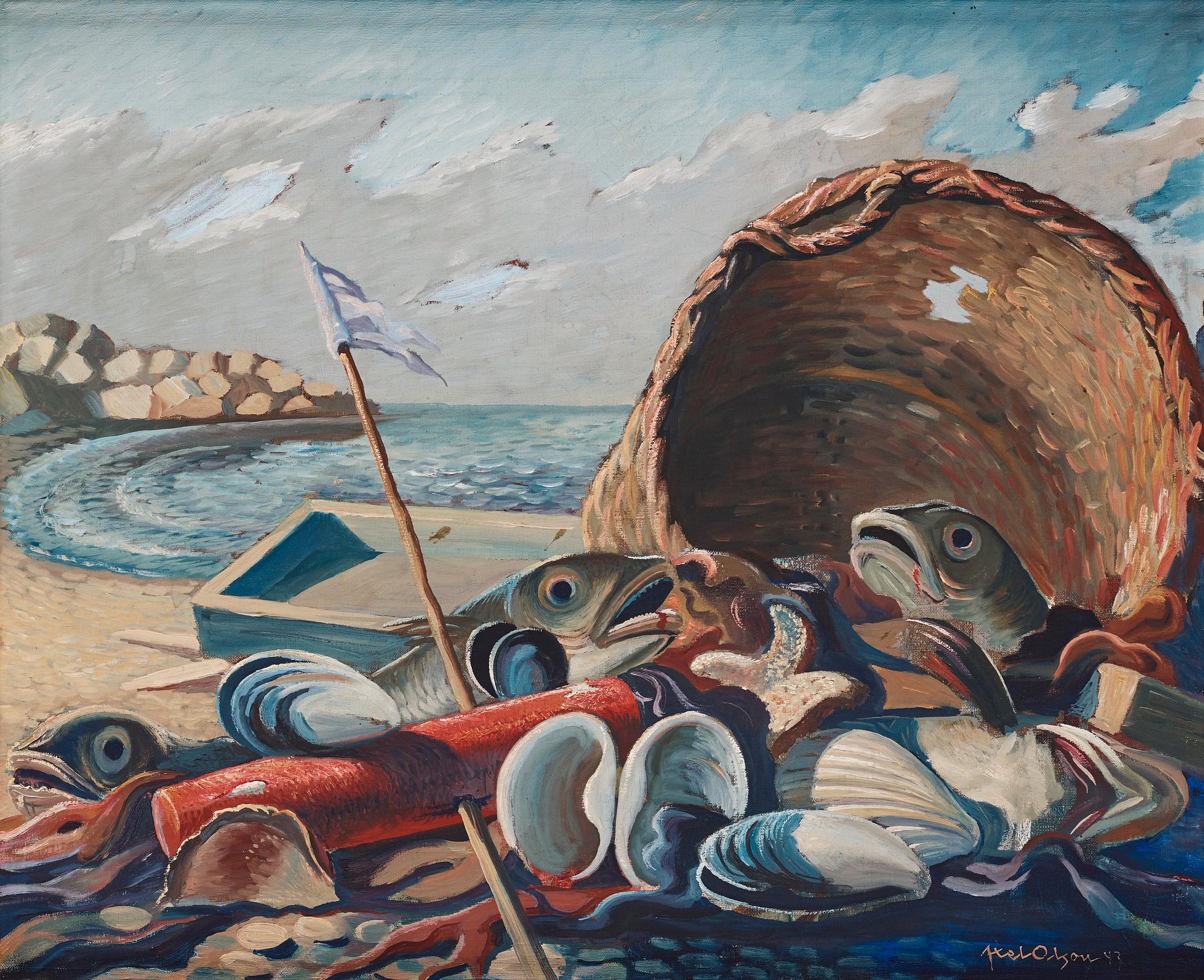 Axel Olson, "Strand med fiskar och snäckor".