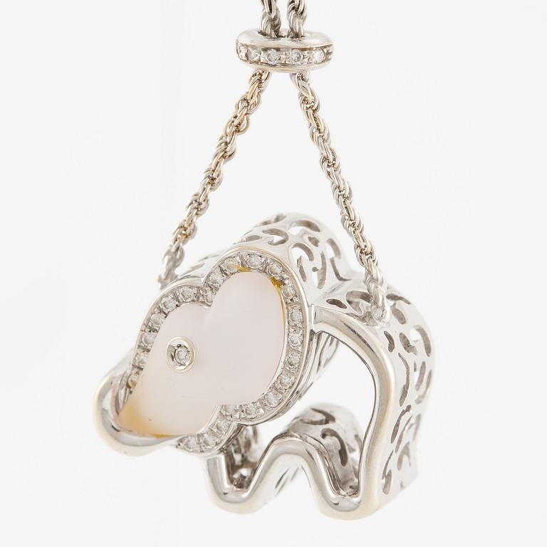 Necklace in 18K white gold with a white stone likely rock crystal and round brilliant-cut diamonds, in the shape of an elephant.