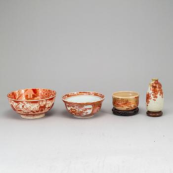 A group of three bowls and a vase, Japanese, part Nabeshima, 19th/20th Century.