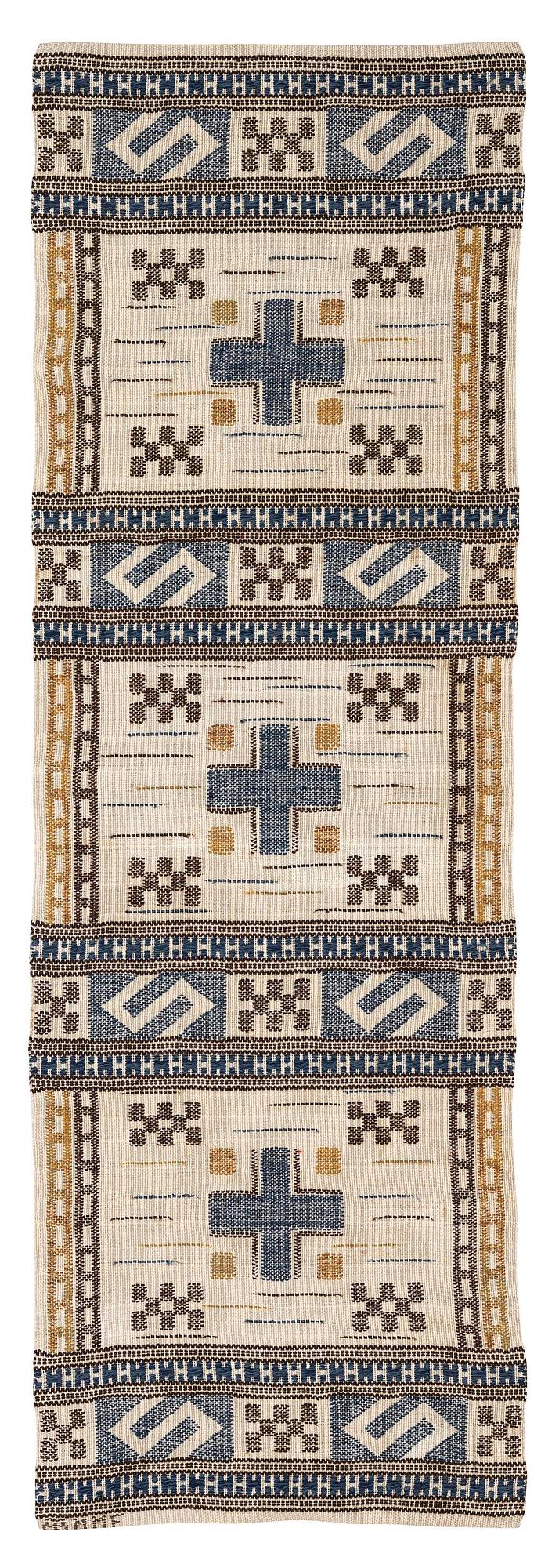 Märta Måås-Fjetterström, a 'Blå essbård' (also  S-bård), flat weave c. 142 x 42 cm, signed AB MMF.
