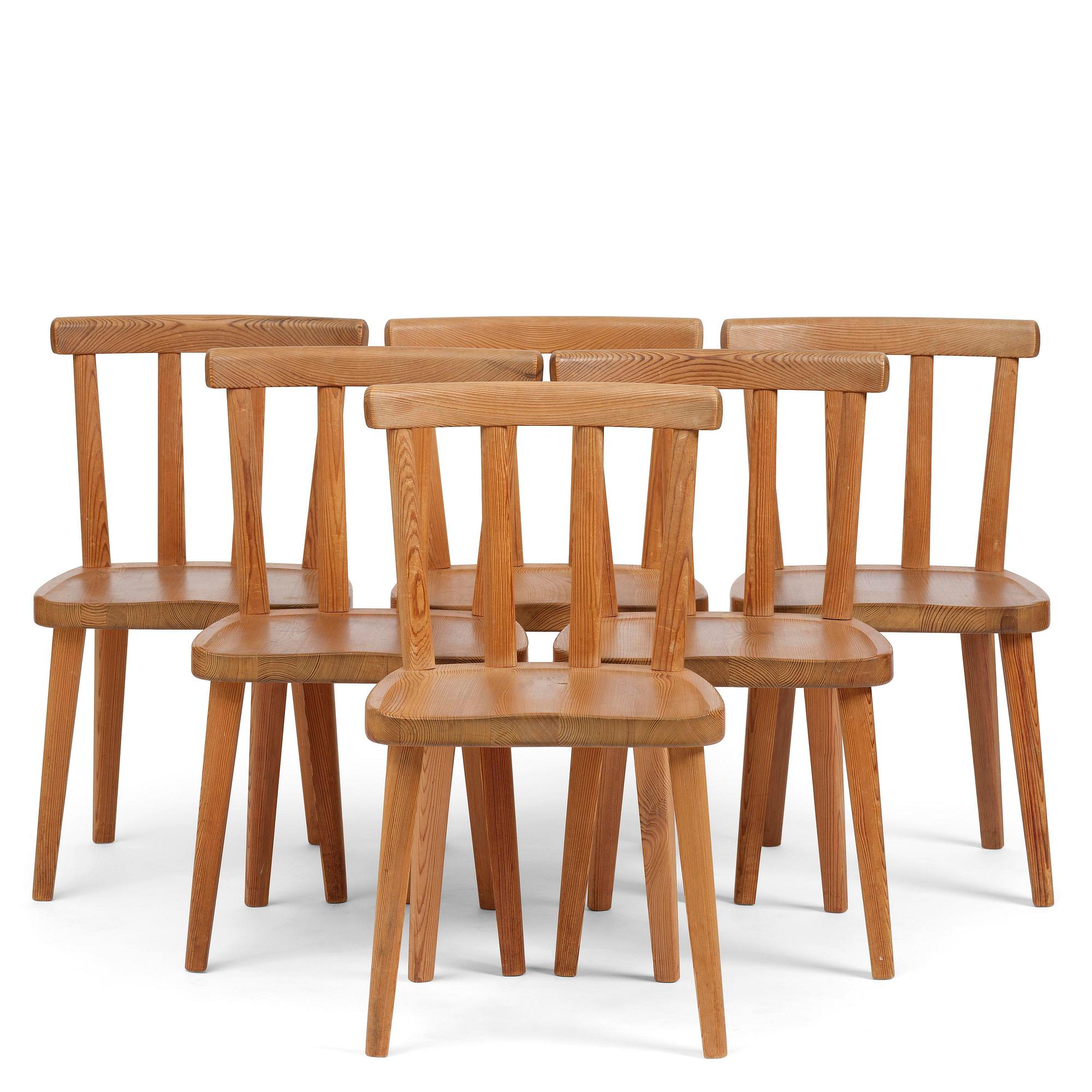 Axel Einar Hjorth, a set of six stained pine "Utö" chairs, Nordiska Kompaniet, Sweden, 1930s.