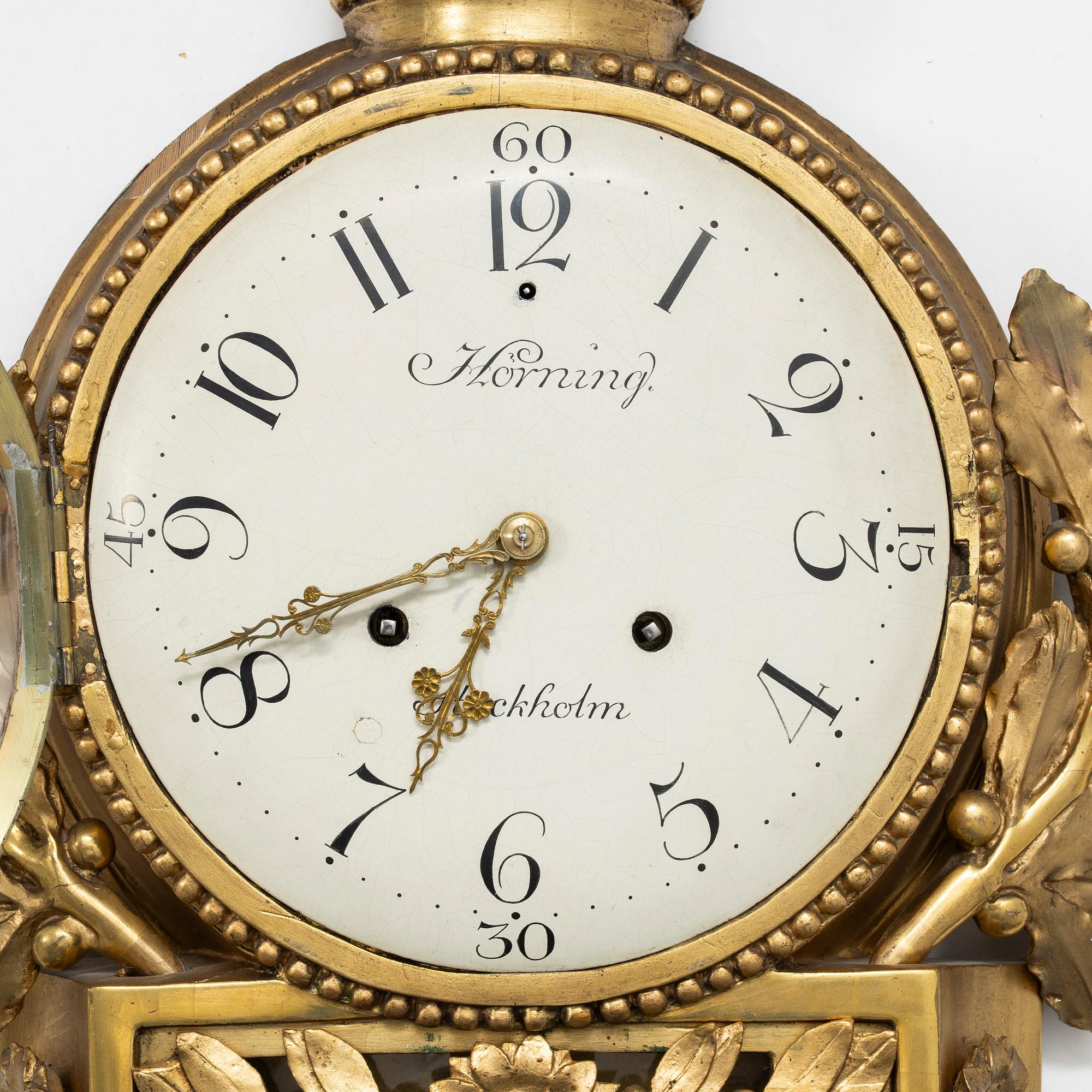 Väggpendyl, sengustaviansk, Sven Peter Hörning (1750-1808, urmakare i Stockholm, övertog Petter Ernsts urfabrik 1785).