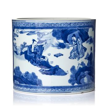 1159. A blue and white 'scholars' brush pot/bitong, Qing dynasty, Kangxi (1662-1722).