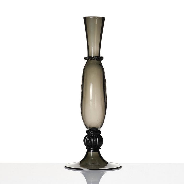 Vittorio Zecchin, a smoke coloured "Soffiato" glass vase, model 1465, Venini, Murano, Italy, 1920s.