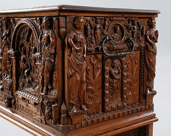 A coffin and a legframe, 18th century respektive 20th century.