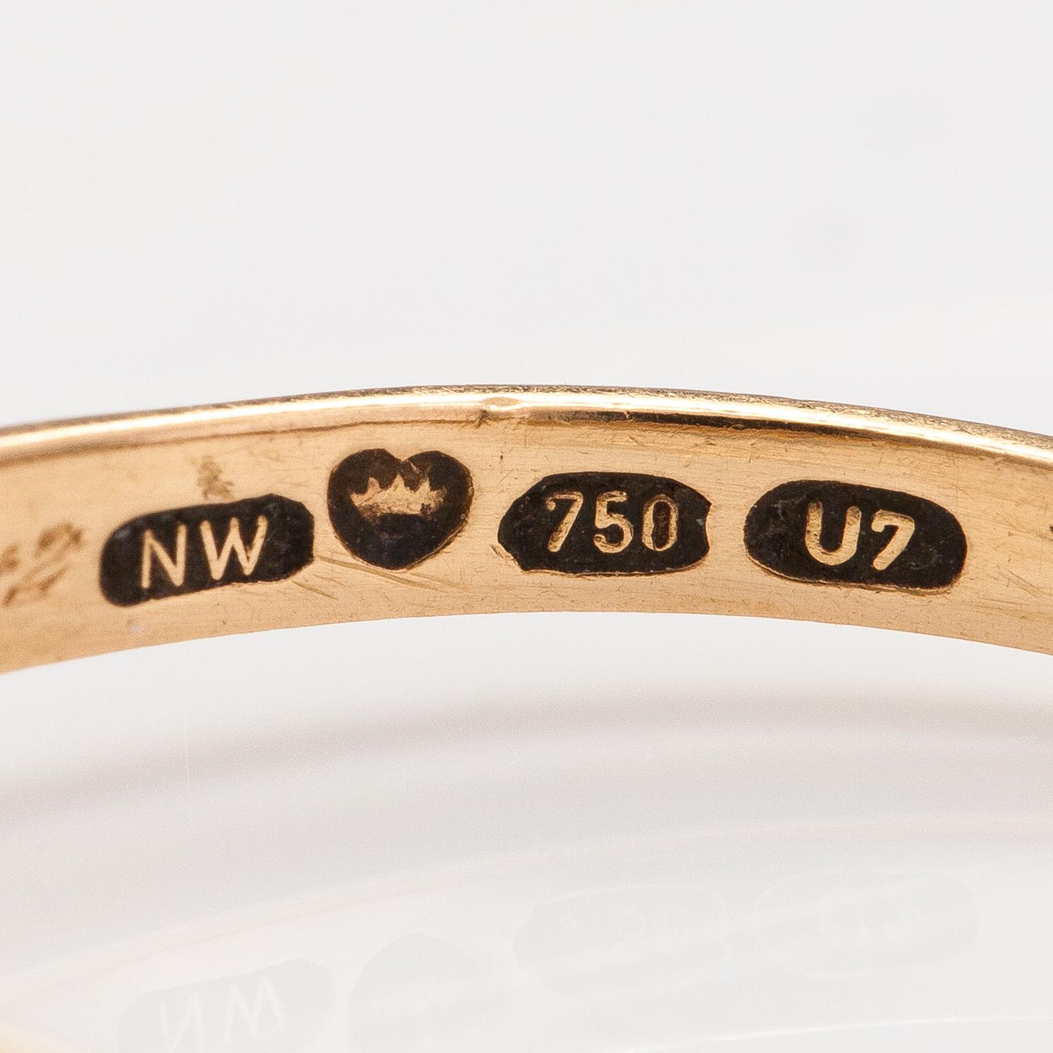 Sormus, 18K kultaa ja timantti n. 0.88 ct yht. Westerback, Helsinki 1973.