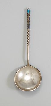 A Russian 19th century silver-gilt and enamel spoon, unidentified makers mark, Moscow.