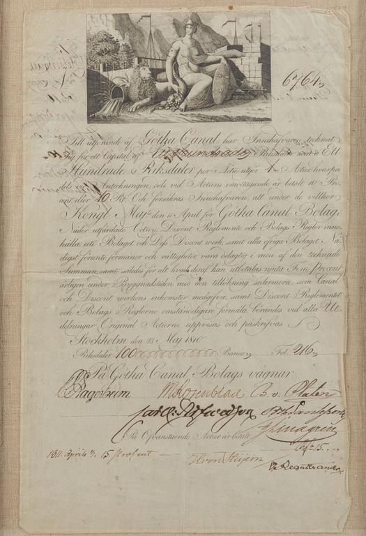 Stock certificate, Götha Canal Company, No. 6764, 1810/11.