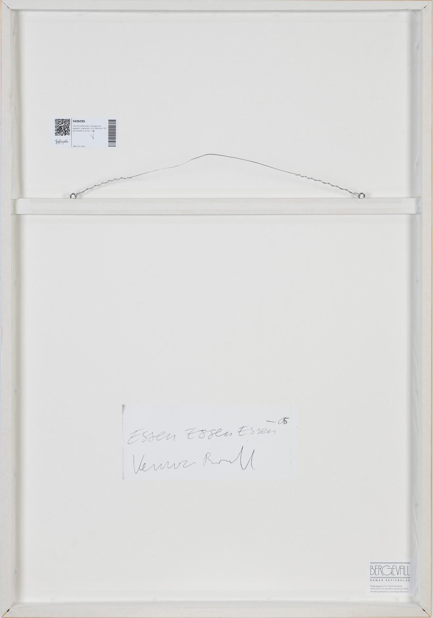Veronica Brovall, collage on paper, signed and dated -05 on label verso.