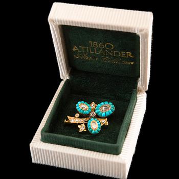 BROSCH, 18K guld, antikslipade diamanter ca 1,20 ct, turkoser.  Mellaneuropa 18/1900-tal. Vikt 7 g.