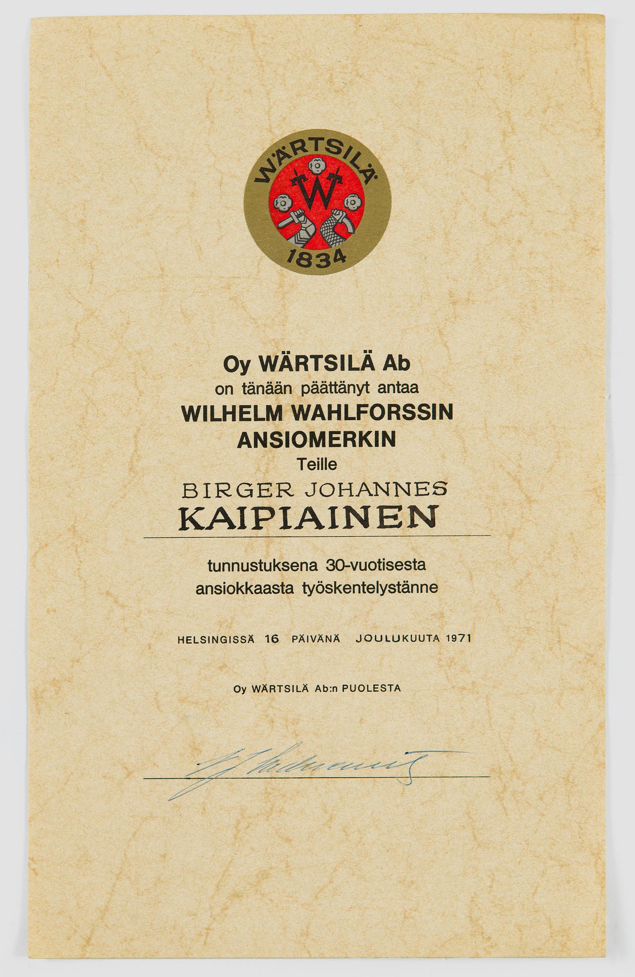 Diplom, Wilhelm Wahlforss, Oy Wärtsilä Ab, daterad 16. december 1971.