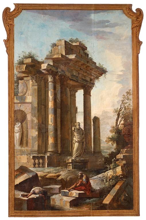 Johan Pasch Attributed to, Panel. Landscape with ruins and figures by a well.