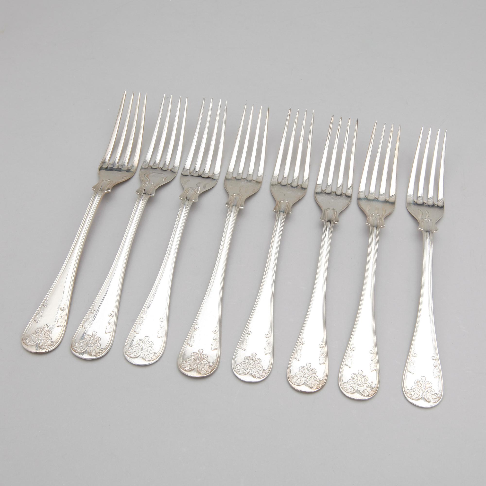 BORDSGAFFLAR,  8 st, silver, GAB, Stockholm, 1938. Totalvikt 477 gram.