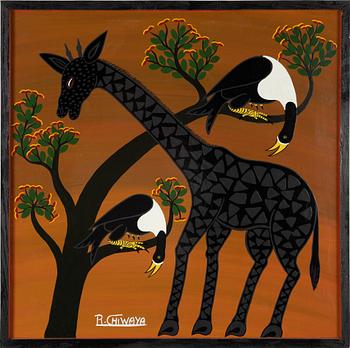 Rajabu Chiwaya, Giraffe and Birds in Tree. Around mid-20th century.