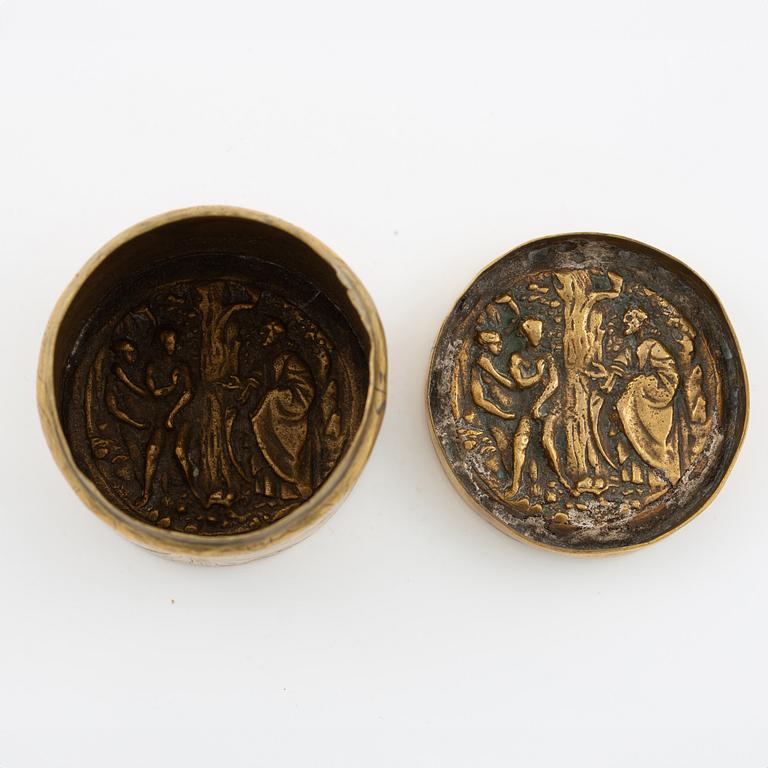 A presumably German baroque brass box, dated 1686.