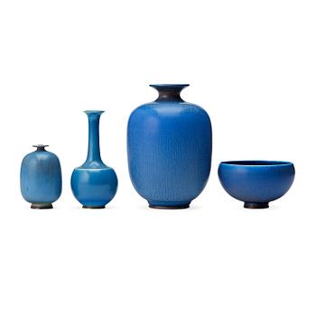 Berndt Friberg, a set of three stoneware vases and a bowl, Gustavsberg studio 1976.