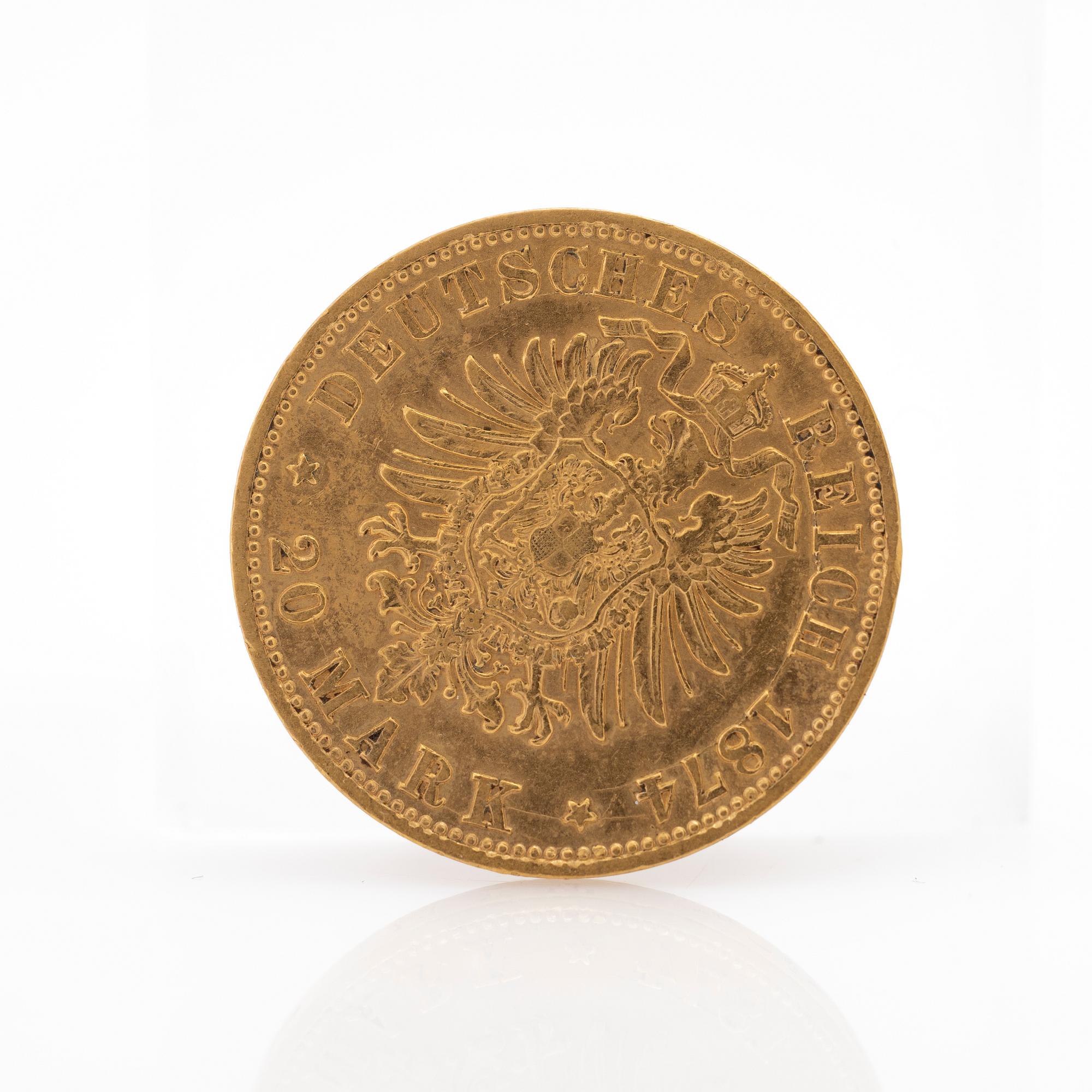 Gold coin Germany, Wilhelm 20 Mark, 1874.