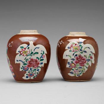 710. A pair of famille rose and cappuciner brown jars, Qing dynasty, Qianlong (1736-95).