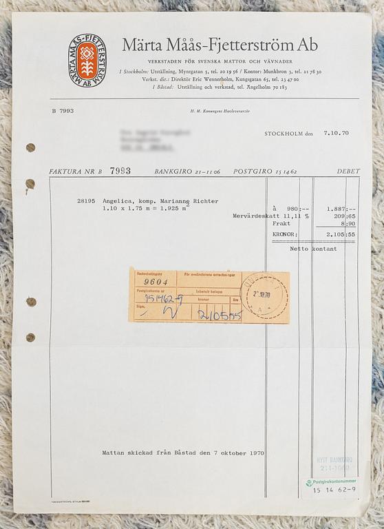 Marianne Richter, Rug, rya, "Angelica", designed in 1959, Märta Måås-Fjetterström AB.