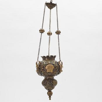 A brass and glass ceiling lantern, circa 1900.