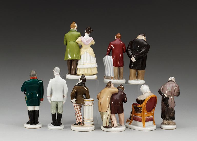 A matched set of nine porcelain characters from Gogol's 'Dead souls' and 'The Goverment Inspector', Lomonosov manufactory, 20th Century.