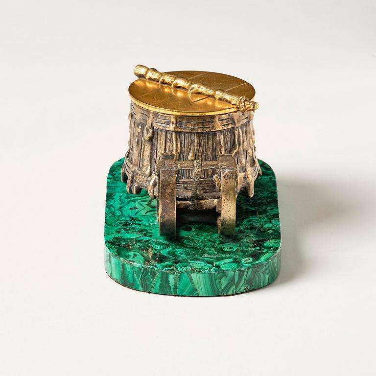 A Russian Alexander II malachite-veneered, silvered and gilt bronze inkwell, later part 19th century.