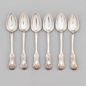 A set of six silver dessert spoons, Saint Petersburg 1842.